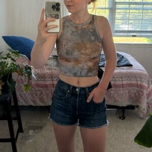 Camo pattern ribbed crop top. Gray and tan abstract multicolor shirt